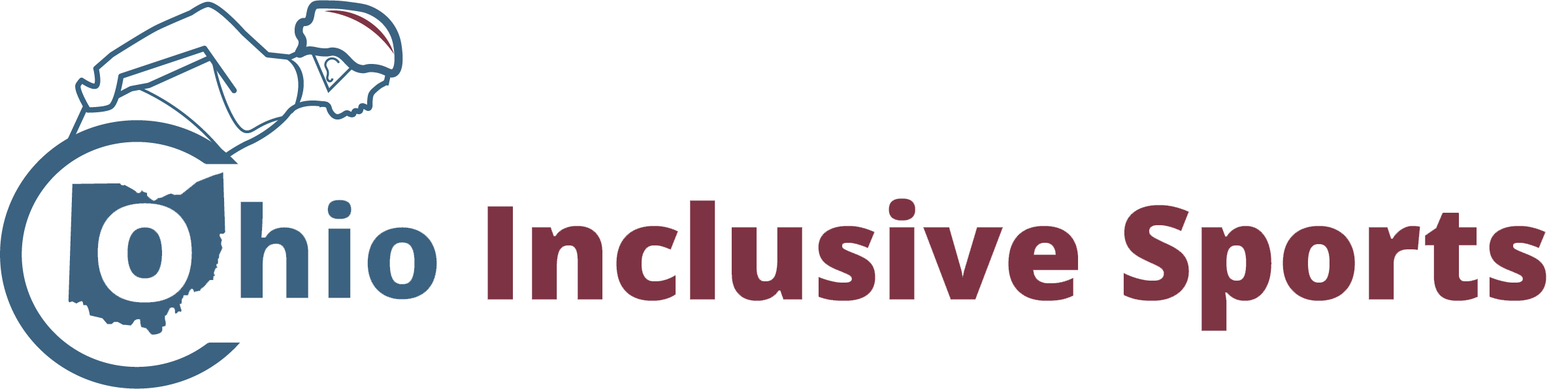 Ohio Inclusive Sports logo. Person racing in wheelchair with the Ohio state shape in the wheel with 'O' in white text followed up with the rest of the logo name in red text.